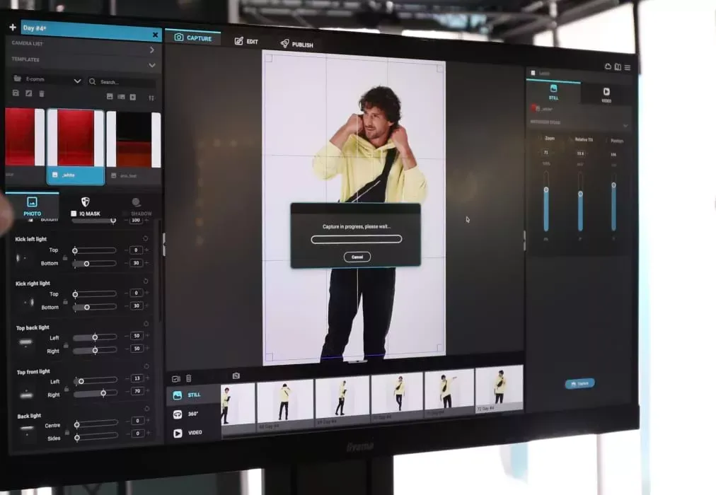 Interfaz de software de Orbitvu para capturar y editar fotos de modelos en vivo
