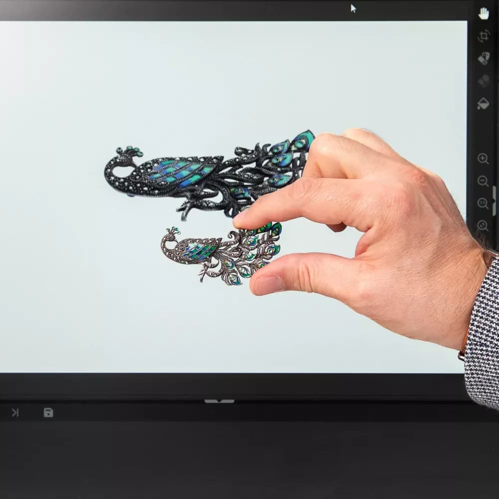 Una mano sostiene una joya frente a una pantalla con el software Orbitvu.