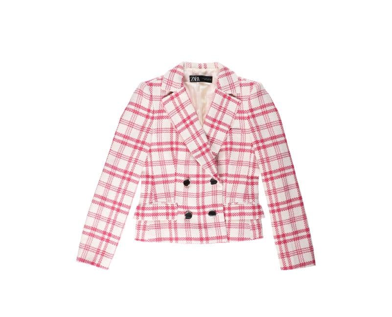 Blazer cruzado a cuadros rosa y blanco para mujer
