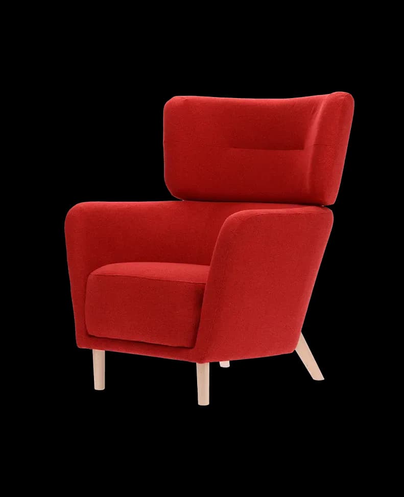 Sillón moderno rojo orejero con patas de madera