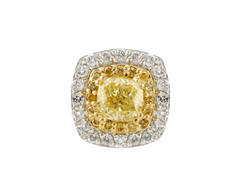 Vista superior de anillo halo con diamante amarillo de talla cojín