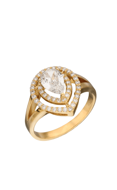 Anillo halo de oro amarillo con diamante talla pera
