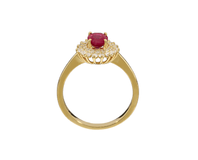 Anillo halo de oro amarillo con rubí y diamantes, ovalado