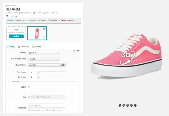 Vista previa de la interfaz del software de giros 3D para e-commerce