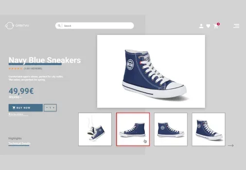 Interfaz de usuario de la página de producto de zapatillas azul marino