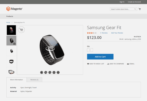 Página de producto de Samsung Gear Fit con vista 360 en Magento