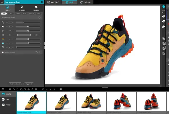 Interfaz de edición de imágenes para Yellow New Balance Trail Shoes