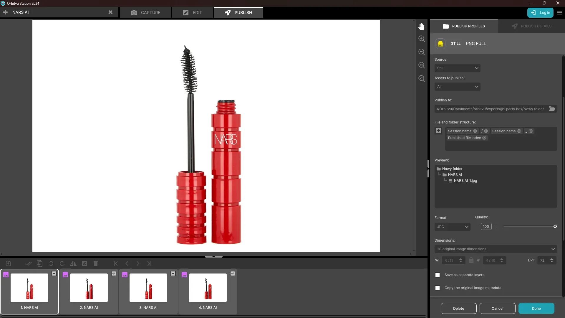 Configuración de exportación de fotos de NARS Mascara en software de fotografía de productos