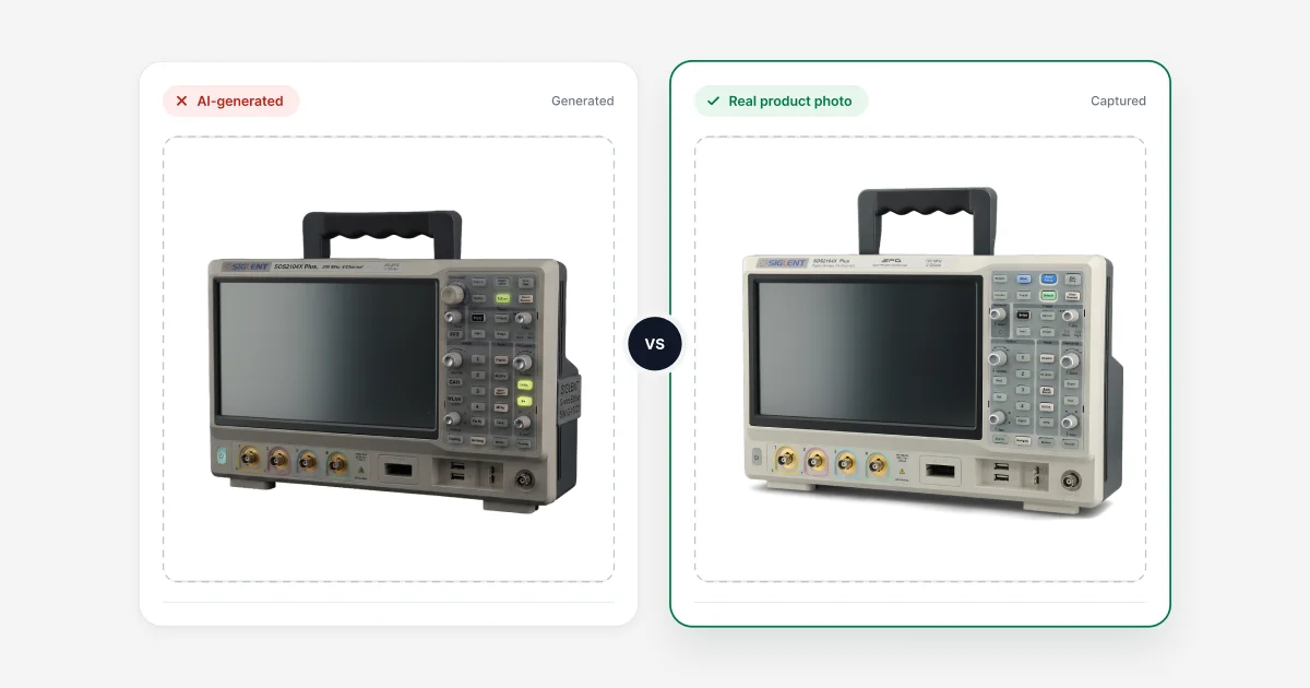 Imagen generada con IA versus foto real del mismo osciloscopio, una al lado de la otra