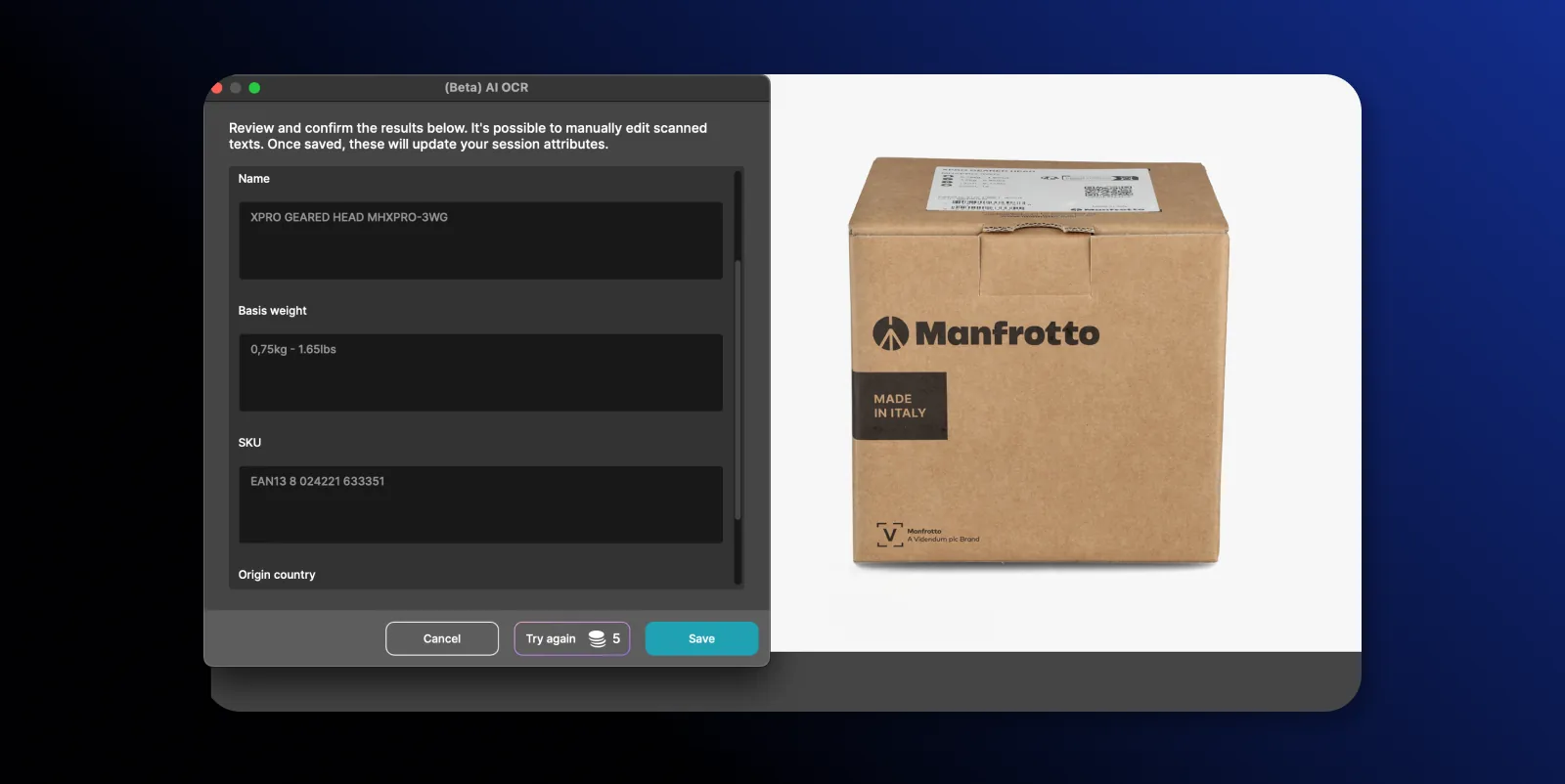 AI OCR extrayendo nombre de producto, peso, SKU y país de origen de un packaging de cartón en Orbitvu Station