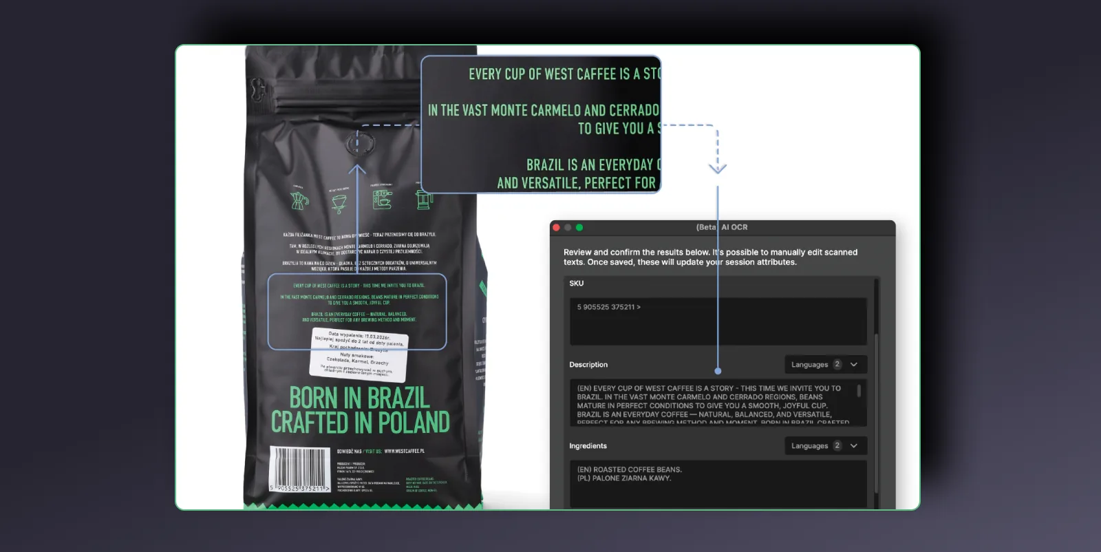 AI OCR en Orbitvu Station leyendo el SKU, la descripcion y los ingredientes del envase de un producto hacia los atributos de sesion